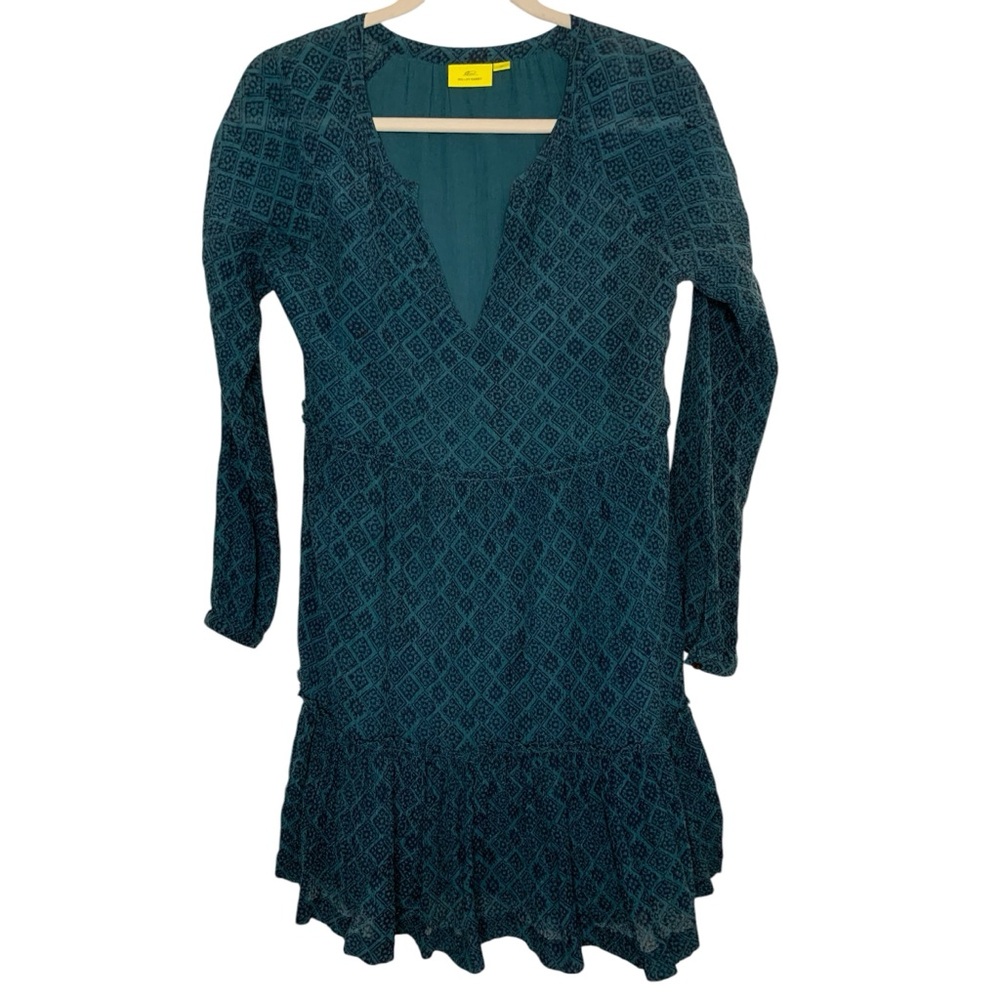 Roller Rabbit XS Crepe Teal Green/Black V-Neck 100% Viscose Babydoll Dress